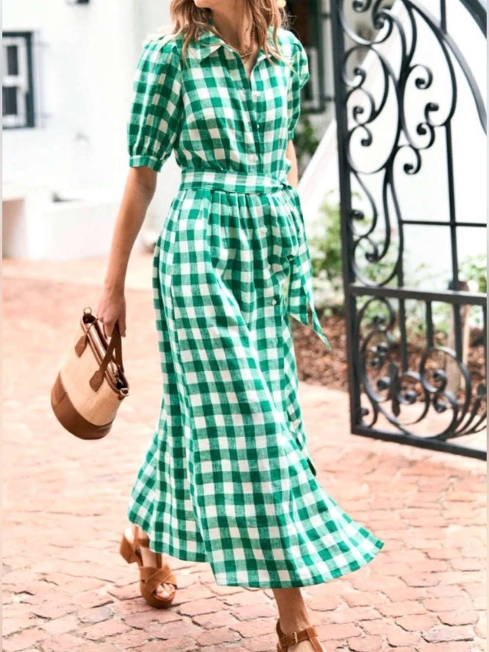 Boden Green and White Gingham Maxi Dress
